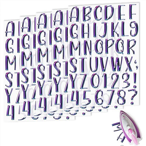 5 Sheets 3D Purple Iron on Letters for Clothing, Purple Heat Transfer Letters, Iron on Decals for Shirts, Cursive Letters and Numbers, Iron on Transfers for DIY T-Shirts,Bags,Hats, Backpacks (Purple)