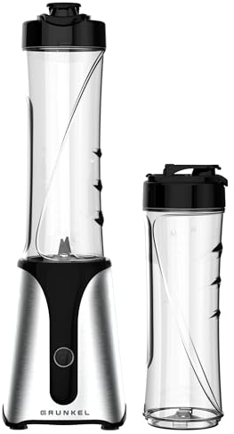 Batidora de Vaso portatil GRUNKEL - BAT-350 SMOOTH SS de 350W con Cuchillas de Acero Inoxidable, Capacidad 600ml, 2 Recipientes Portátiles, Botón un Toque, Base Antideslizante e Indicador Luminoso