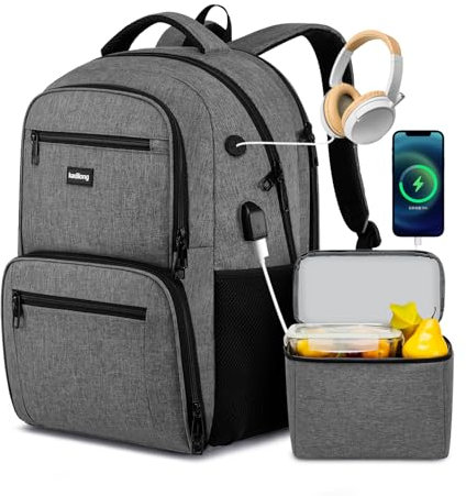 kadilong Sac à dos pour ordinateur portable de 17,3 avec boîte à déjeuner, sac isotherme pour le travail, les voyages avec port de charge USB, sac à dos résistant à l'eau, sac à dos pour préparation