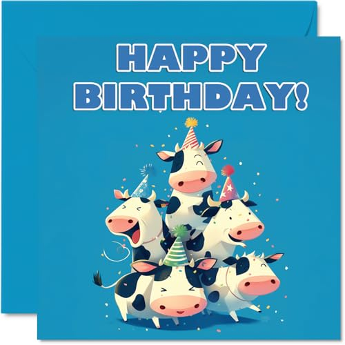 Kuh-Geburtstagskarten für Sie und Ihn, Partytier-Pyramide, Happy Birthday Karte für Mutter, Vater, Bruder, Schwester, Tante, Onkel, Cousin, Freund, Familie, Kollegen, 145 x 145 mm