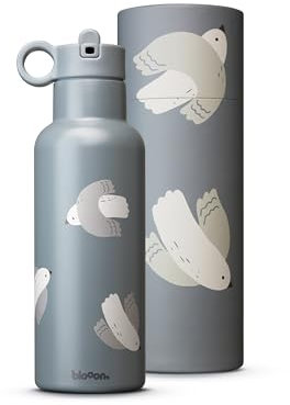 Blooom Isolierte Edelstahl-Trinkflasche für Kinder | Langlebig, auslaufsicher und einfach zu verwenden | Trinkflasche mit Strohhalm | Niederländisches Design (Vögel, 475ml)