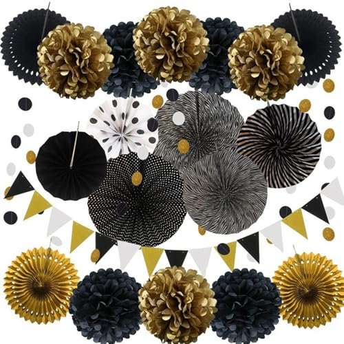 20 Stück Party Dekorationsset,hängende Papier fächer, pompons Blumen, Papier Wimpel und Punktekette für Party,Hochzeit,Geburtstag Graduierung Deko Weihnachten Karneval (Schwarz Gold)