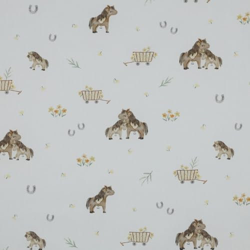 Keine Meterware, Stoffe zum Nähen, Stoff für Kinder, 100% Baumwolle: 0,5m Baumwollstoff mit Tiere, Fahrzeuge und Blumen (Pony Pferde, 1m)