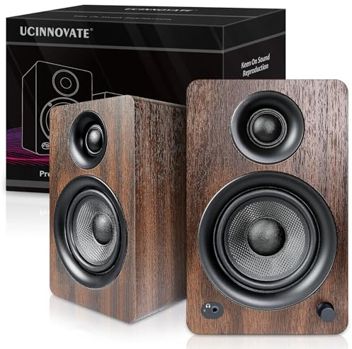 UCINNOVATE Active Bookshelf Speakers, 1 Pair Compact Powered HiFi Speakers, Bluetooth & AUX Input, Wooden Enclosure, Dynamic 3D Surround Sound for Music, Vinyl Record, Home Theatre, Gaming, PC, Laptop
