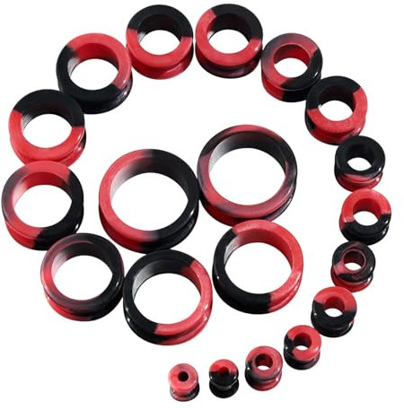 Longbeauty 20er Set/10 Paare Hart Silikon Tunnel Set Dehnungsset Ohr Piercing Schmuck Double Flared Stretching Expander 6MM-25MM, Rot & Schwarz