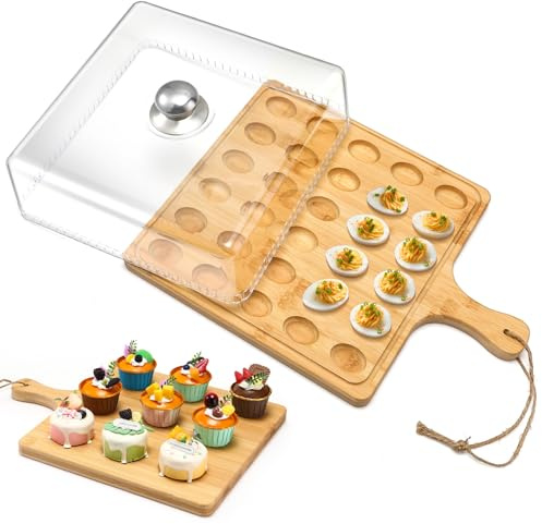 Vercraft Bandeja redonda para huevos rellenos de madera de Pascua con tapa y asa, 30 agujeros, bandeja redonda para huevos rellenos reversible, soporte para huevos de madera, recipientes para servir