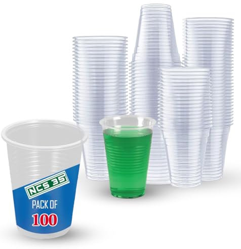 NCS35®100x Reusable Plastic Disposable Clear Transparent/White 7oz Glasses/Cup Ideal for Picnics, Parties, Birthdays, and Weddings Outdoor Indoor Plastic Drink Cups Water Glass
