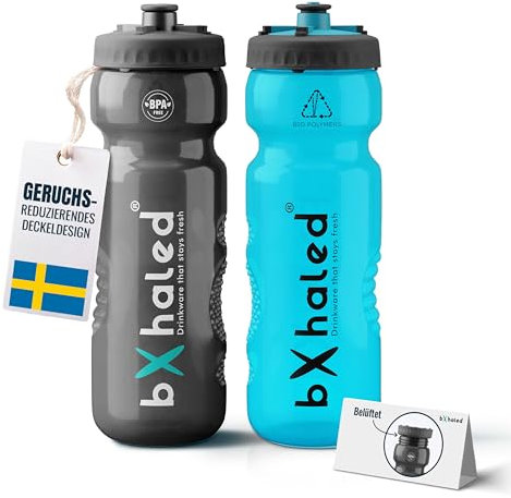 bXhaled - BPA freie Trinkflasche Sport Wasserflasche - Keim- und Geruchsfreie Trinkflasche 750ml Auslaufsicher (2pack Schwarz & Türkis Blau)