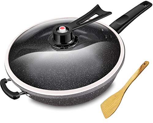 GSZCCZS 32cm Iron Skillets Maifan Stone Coating Frying Pan Wok Pressure Vacuum Cooking Pot with LID for Gas Stove Induction Cooker