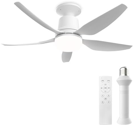 Orthland 71cm Silenzioso Ventilatore da Soffitto con Luce e Attacco E27, 50W Dimmerabile Lampada Ventilatore Soffitto con Telecomando per Stanzetta, 5 Pale, Bianco