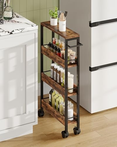 CHOEZON 13 cm schmaler Servierwagen, 4-stöckiger Küchenwagen, Küchenregal, Aufbewahrungswagen, mobiles Regal für Esszimmer, Wohnzimmer, Waschküche, Hausbar, Vintagebraun und Schwarz DTTC01BF