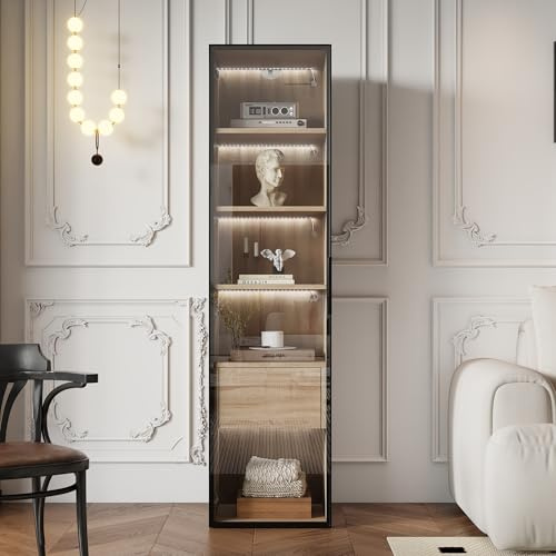 Merax Vitrine Stauraumvitrine Hochschrank für Wohnzimmer LED Badezimmerschrank, 40 cm breit, 1 Schublade, 1 Tür, Glastür, moderner Aufbewahrungsschrank für Badezimmer, Arbeitszimmer, Flur und Küche