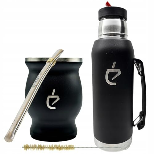 UN MATE – Set térmico de iniciación Yerba Mate: Calabaza de acero inoxidable negra con tapa (230 ml), bombilla negra, termo de 1000 ml, cepillo limpiador y caja regalo elegante, sin BPA
