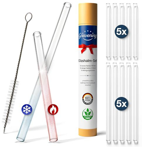 Grevening Strohhalme Glas Set – 5 kurze & 5 lange Glas Strohhalm 145mm & 210mm + Reinigungsbürste – Trinkhalme – Spülmaschinenfest, kratzfest, umweltfreundlich – Made in Germany