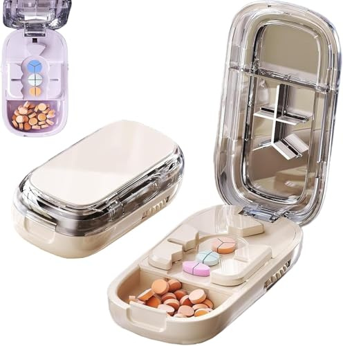 Starnearby Taglia Pillole Portatile, Taglia Pastiglie in 2 in 4 di Precisione, Divisore Compresse Regolabile, Portapillole con Taglierina per Compresse Piccole e Grandi (Bianco, 1/2 + 1/3 + 1/4)