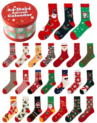 Yawlsow 24 Paare Weihnachten Socken, 24 Tage Adventskalender 2025 Lustige Socken Baumwolle Xmas Familie Geschenk für Männer/Frauen/Kinder