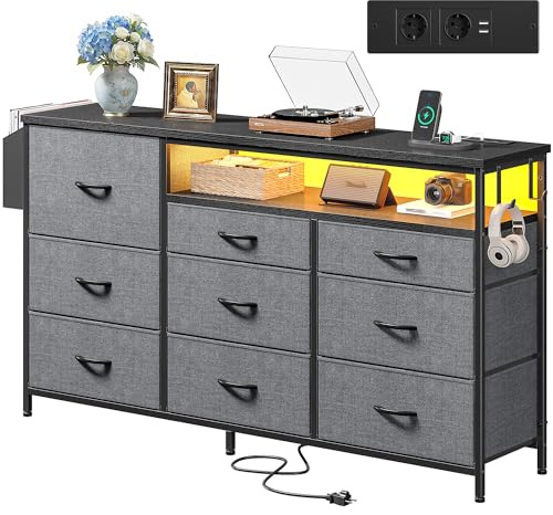Klyvvo 133 cm breit Kommode mit 9 schubladen, mit 2 LED USB & 2 Steckdosen | Schubladenschrank mit 40 LED‑Lichteffekten, 133 × 30 × 91,5 cm, Komodenschrank für Schlafzimmer, Wohnzimmer und Flur, Grau