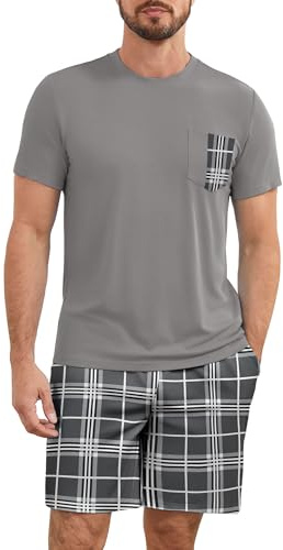 Atforna Pyjama court d'été en coton pour homme - Ensemble 2 pièces - Haut à manches courtes et pantalon de pyjama à carreaux, gris, L