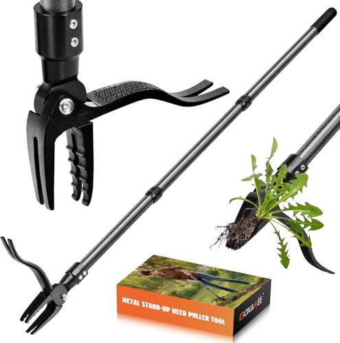 GOXAWEE Metal Stand Up Weed Puller Tool - 45 Garden Weeding Tool with Steel Long Handle & 4-Claw Steel Head - Effortlessly Remove Weeds Without Bending/Kneeling - All Steel Construction