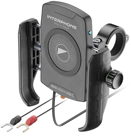 INTERPHONE Crab supporto Smartphone con Ricarica Wireless e USB‑C, da Moto con Ricarica Wireless 15W Qi + USB-C Quick Charge, universale per manubrio 12-32 mm, resistente a vibrazioni e intemperie