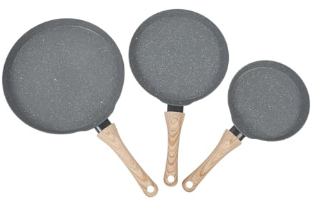 ANKROYU Ensemble de 3 poêles à frire antiadhésives en pierre Maifan avec manche en bois pour crêpes, omelettes, petit déjeuner, cuisson, couleur grise, 18 cm, 22 cm, 26 cm, compati