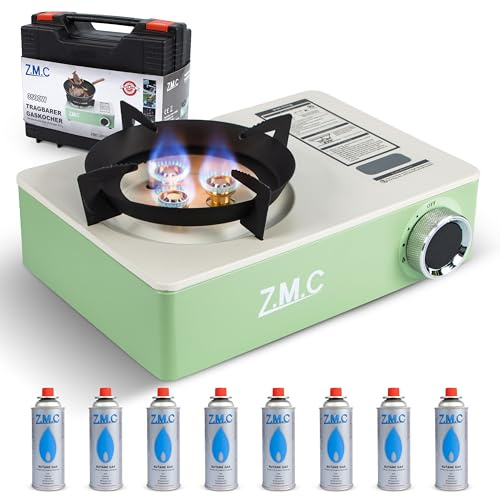 Z.M.C Gaskocher Campingkocher 1-flammig 3,5kW + 8x Kartuschen 227g Koffer | Drei-Brenner-System | Piezo-Zündung | nur 1,4 kg | mit Transportkoffer | schnelle Hitze