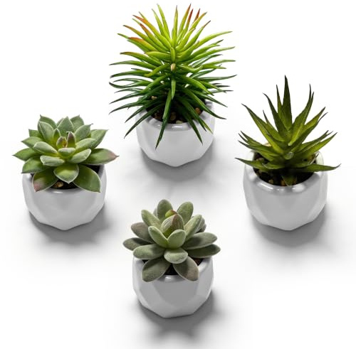 4Pcs Fake Plants, Small Artificial Succulent Plants in White Ceramic Pots | Fake Succulent Plants for Home, Living Room, Desk, Bathroom, Office, Indoor, Outdoor Decor