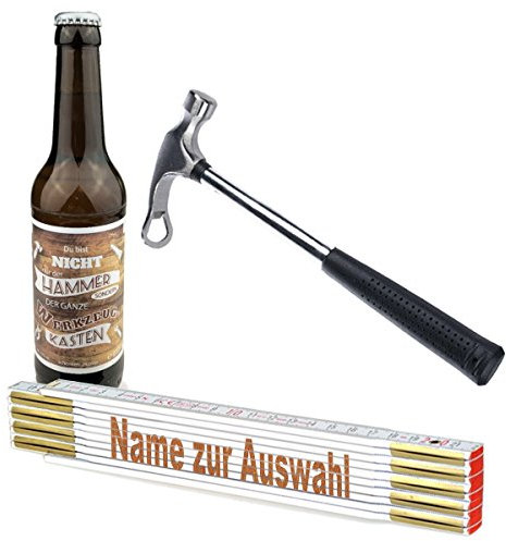 schenken-24 3-teiliges Geschenkset/Zollstock mit Namens-Gravur, Handwerker-Bier und Flaschenöffner,Hammer'/ Echte Kerle/Männergeschenk/Handwerker/Vatertag/Geburtstag, Zollstöcke Namen:Manfred