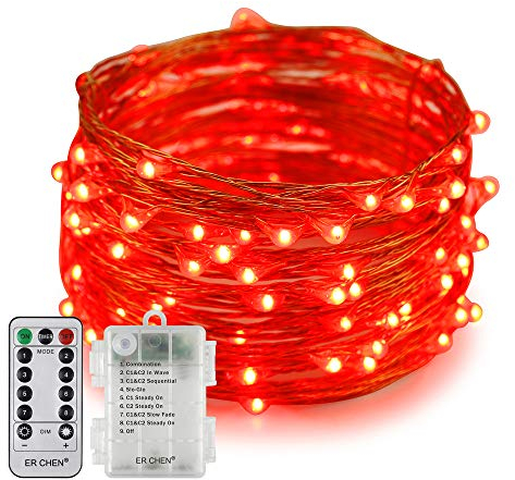 Erchen Batteriebetrieben LED Lichterkette, 33 FT 100 LED 10M dimmbare Kupfer Draht Lichterketten mit Fernbedienung 8 Modi Timer für Innen Außen Weihnachten Party (Rot)