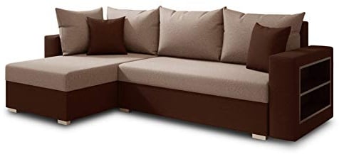 Ecksofa Lord mit praktischen Regal - Sofa mit Bettkasten und Schlaffunktion, Schlafsofa, Polsterecke, Couch L-Form, Couchgarnitur, Sofagarnitur (Braun + Beige (Alova 68 + 07), Ecksofa Links)