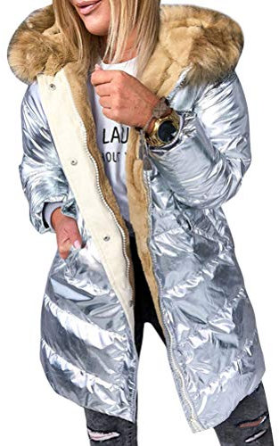 ORANDESIGNE Femme Doudoune Mi-Longue Manteau Chaud Brillante Blouson Hiver Elegant Slim Jacket C Argent XXL