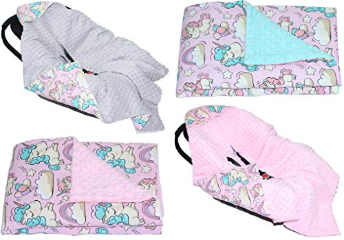 Baby Einschlagdecke MINKY - EINHORN- mit Kapuze 90x90 cm Babyschale Decke (mit ROSA)