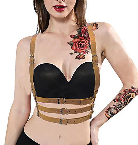 Damen Rave Body Brustgeschirr Taillengürtel Käfig BH Festival Dance Club Party, Helles Braun, Einheitsgröße