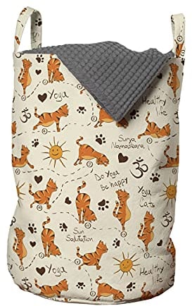 ABAKUHAUS Katze Wäschesack, Kitties Doing Yoga Paws, Wäschekorb mit Griffen Kordelzugverschluss für Waschsalons, 33 cm breit x 49 cm hoch, Creme Orange Braun
