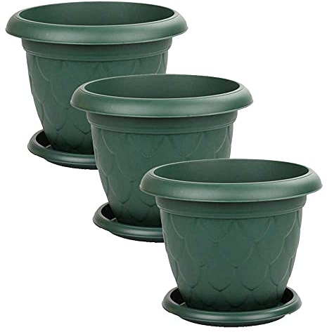 Maceta Redonda 26,5 cm diámetro, Set 3 Unidades, Maceta con Plato, 5 litros, Macetero (Verde)