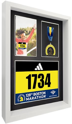 MedalAwardsRack 3-in-1-Schattenbox-Schaukasten, Medaille, Renn-Startnummer und Fotorahmen, Halterung für Marathon- und Triathlon-Startnummern, Wandmontage, gehärtetes Glas, Holzrahmen, weiß