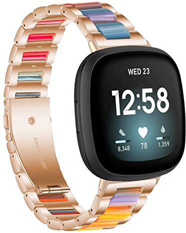 Gheper Harz Edelstahl Armband Kompatibel mit Fitbit Versa 4 / Versa 3 / Sense Smartwatch Armbänder Ersatz Metallarmband für Damen Herren