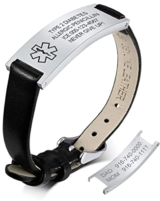Notfallarmband Medizinisch Junge Personalisiert Uhrenarmband:VNOX Personalisiertes Leder ID Armbänder mit Gravur Verstellbares Medizinischer Armband aus Edelstahl Männer