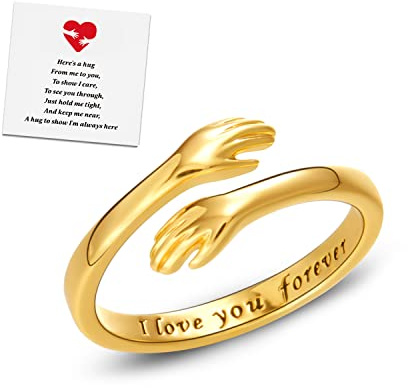 RINHOO FRIENDSHIP Hug Rings for Women Silver Hugging Hands Ring Adjustable 14K Gold Plated Daughter Rings from Mom Jewelry for Couples (I love you forever（Gold）)