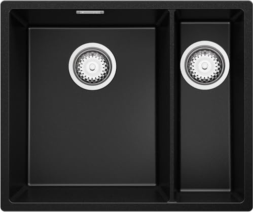 PRIMAGRAN Unterbauspüle ab 60er Unterschrank + Ablauf-Set, 56x47cm | Set: Ablauf-Set (Siphon, Ablaufgarnitur, Überlauf) + Spülbecken 1,5 Becken - London Duo, Schwarz