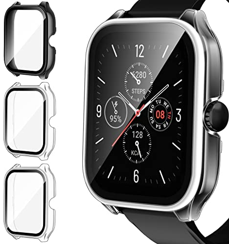 ivoler 3 Stück Hard PC Hülle mit Glas Displayschutz für Amazfit GTS 4, Vollständige Abdeckung Schutzhülle Ultradünne Kratzfest Schutz Case, 2 Transparent + 1 Schwarz
