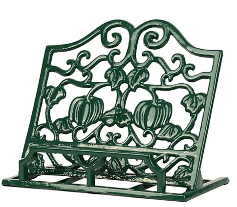 MINLUFUL Vintage Cookbook Stand, Durable Wrought Cast Iron Recipe Book Holder for Kitchen Counter, Large Metal Cook Book Stand with Pumpkin Design, Green
