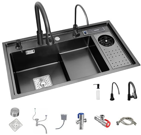 Évier De Cuisine en Acier Inoxydable pour Poste De Travail Évier De Cuisine À Un Seul Bac en Acier Inoxydable avec Lave-Verres Et Robinet (Color : A, S : 82x46cm)