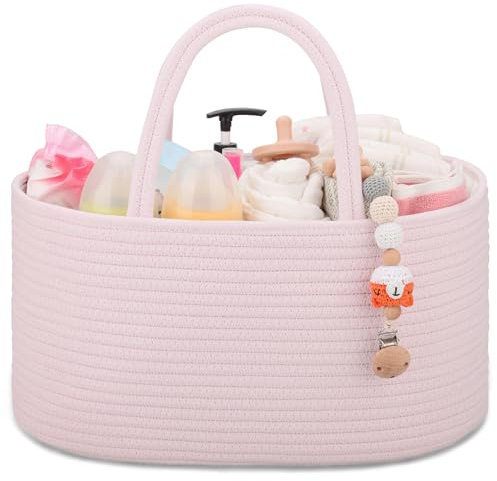 COMSE Baby Nappy Caddy Organizer, Nappy Basket, Car Diaper Change Organizer, Portable Tote Bag with Divider, Baby Shower Gifts Newborn Essentials Registry Must Have, Light pink