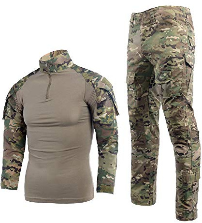 LANBAOSI Men's Tactical Combat Shirt and Pants Set Long Sleeve Multicam Woodland BDU Hunting Military Uniform 1/4 Zip