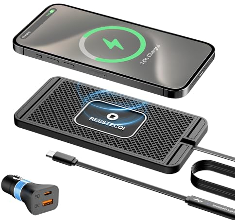 Wireless Car Charger Pad, REESTECQI 15W Non Slip Wireless Charging Pad for Car with 40W Type C Car Charger for Airpods iPhone 16/15/14/13/12/11 Samsung Google (1M Cable)