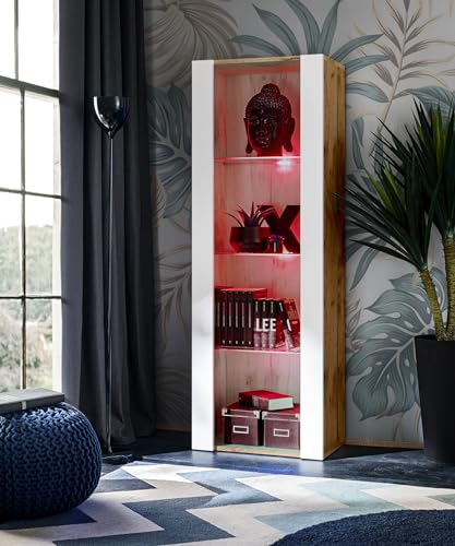 Komodee Vitrine Schrank Tivoli, Weiß/Wotan, Breite 55cm x Höhe 159cm x Tiefe 35cm, LED RGB, 3 Regalböden, für Wohnzimmer, Schlafzimmer, Eingang