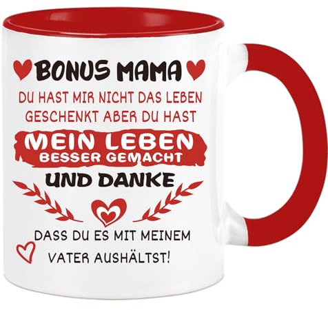 Diztoud Tasse mit Spruch, Bonus Mama Geschenk, Weihnachtsgeschenke für Mama, Stiefmutter Geschenk Weihnachten, Mutertag, Danke Mama, Geschenk für Stiefmama, Geburtstagsgeschenk, 325ml Kaffeetasse Rot