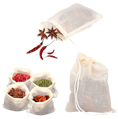24pcs Sachet à Épices pour Cuisson, 9,8x8cm Cordon de Serrage Sachet Mousseline Réutilisables Sachets Filtre à Thé Sachets pour Herbes pour Épices Thé Herbes Soupe Cuisine