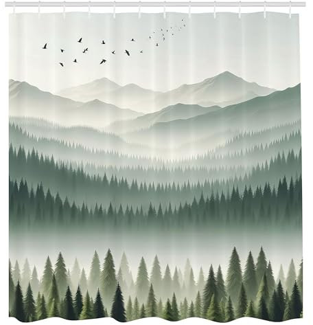 ABAKUHAUS Grün Duschvorhang, Zeitgenössisches minimalistisches Land der Wildnis und neblige Bergkette Druck, Stoffliches Gewebe mit Haken, 175 x 200 cm, Kadettenblau Grau Türkis